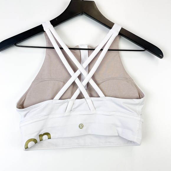 Lululemon (6) High Neck Gold Logo Zipper Energy Sports Bra Long Line White - Picture 4 of 7